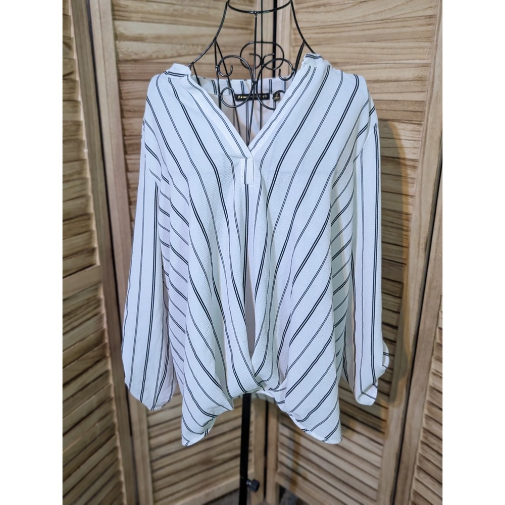 Work Blouse Always Indigo Size XL Long Sleeve V Neck Striped